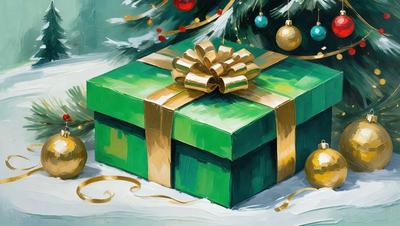 The primary subject of the image is a green box with a gold bow on top, which is placed on a snowy surface. The setting is a winter scene with a Christmas tree in the background. The visual style is a painting or drawing, and the colors and mood are warm and festive, with the green box and gold bow adding a touch of elegance to the scene.